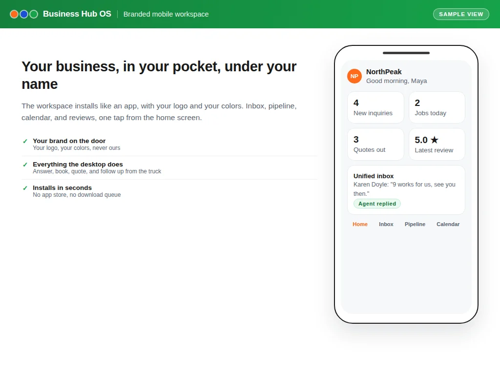 Branded mobile workspace (PWA) illustration from the Business Hub OS showcase