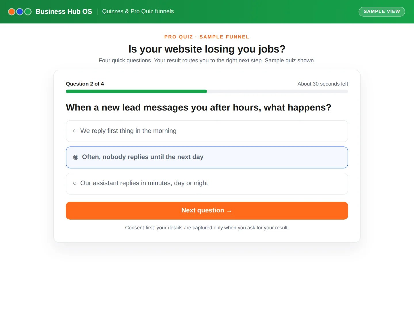 Quizzes & Pro Quiz funnels illustration from the Business Hub OS showcase